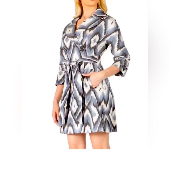 Vertigo Paris Belted Trench Coat XS Blue White Grey Ikat Print Double Breasted - Picture 2 of 8